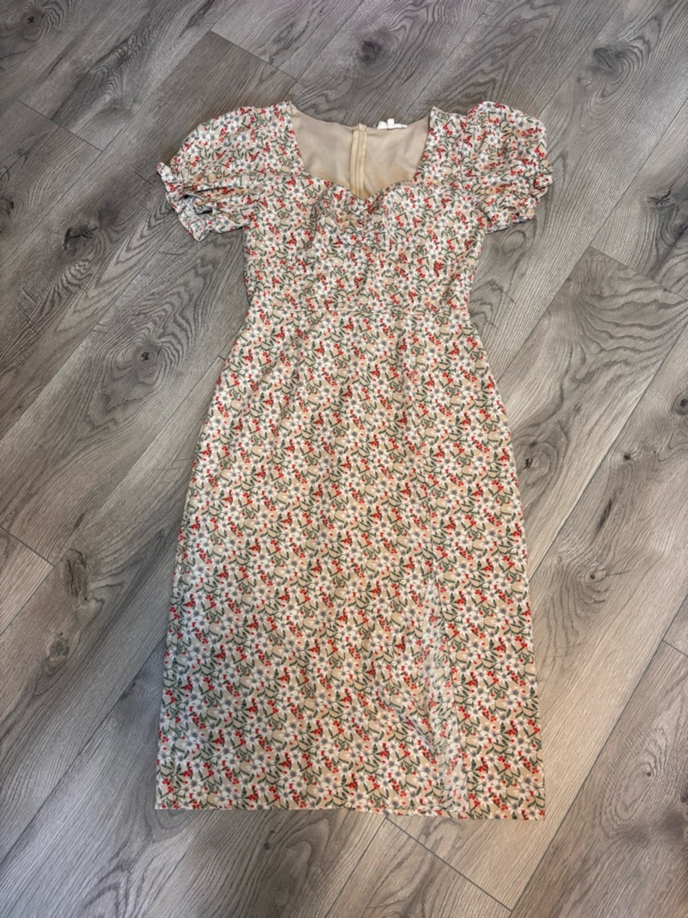 Entro Floral Midi Dress Puff Sleeve Cottagecore Sweetheart Neckline M
